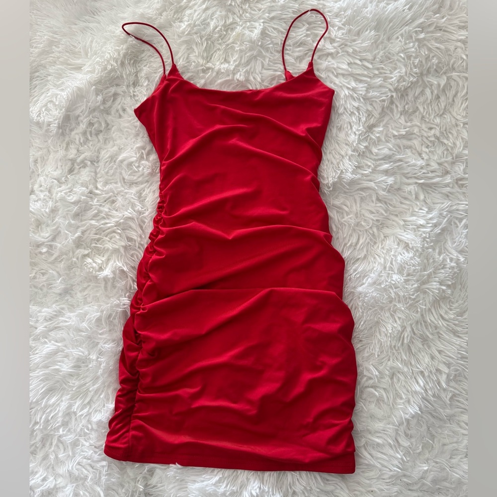 SHEIN Vibrant Red Ruched Mini Dress
